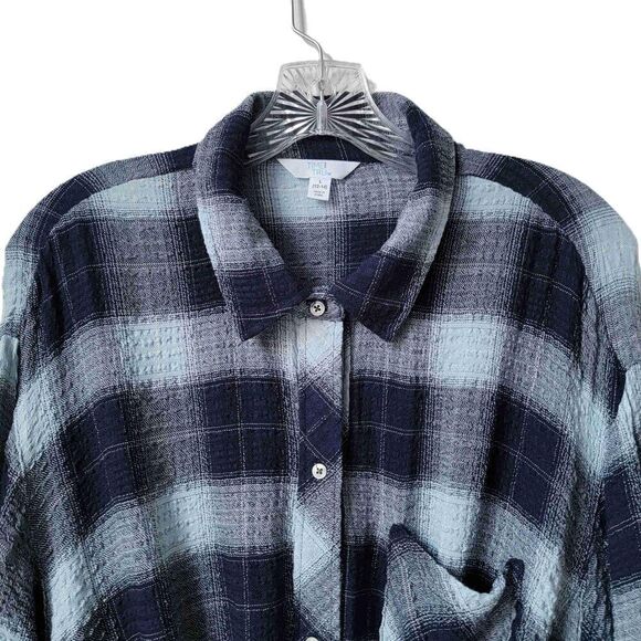 Time and Tru Blue Plaid Long Sleeve Button Up Shirt Drawstring Waist Size Large - Picture 3 of 7